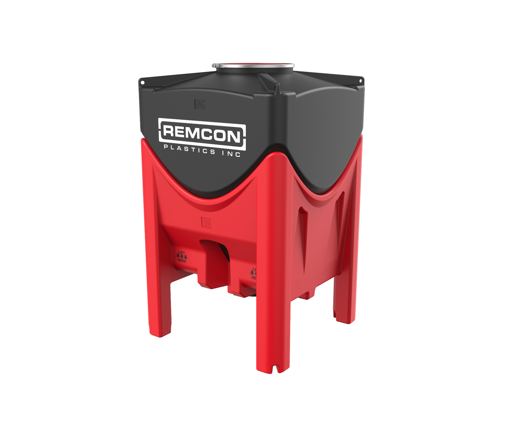 Product rendering of a Remcon DBH hopper with a black conductive bottle and red support base.